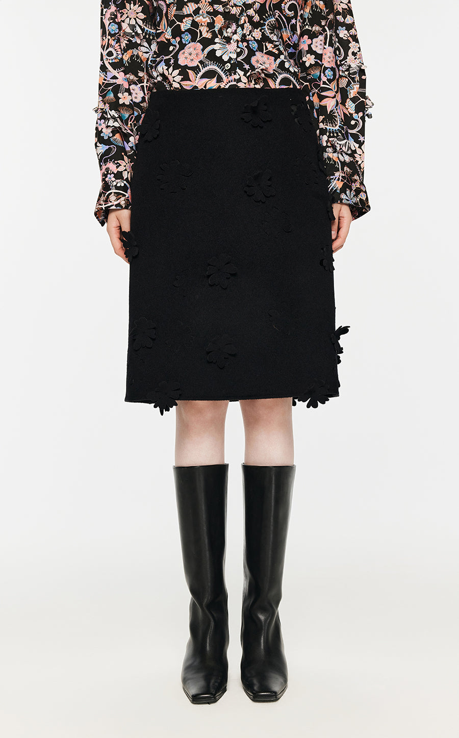 Skirt / JNBY Floral-embellished A-line Wool Skirt