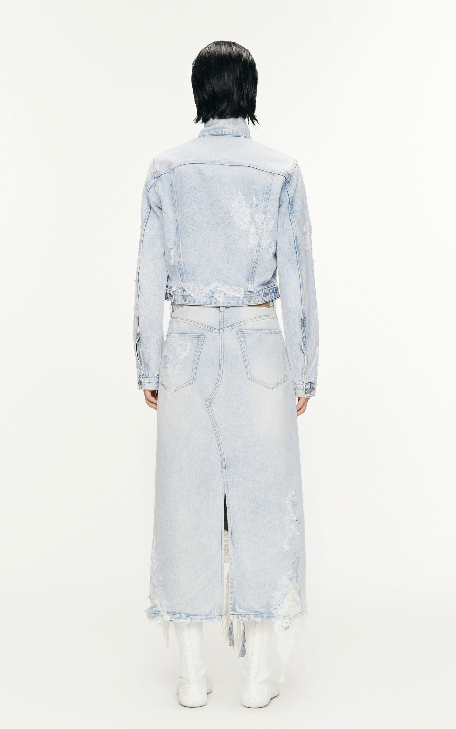 Skirt / JNBY Lace Patchwork Frayed Denim Long Skirt