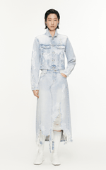 Skirt / JNBY Lace Patchwork Frayed Denim Long Skirt