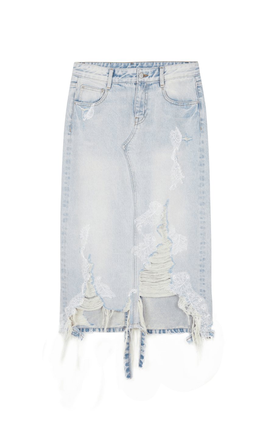 Skirt / JNBY Lace Patchwork Frayed Denim Long Skirt