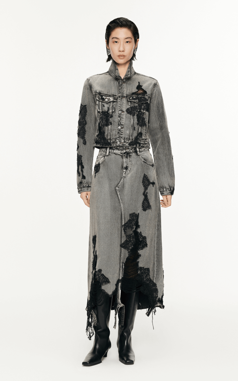 Skirt / JNBY Lace Patchwork Frayed Denim Long Skirt