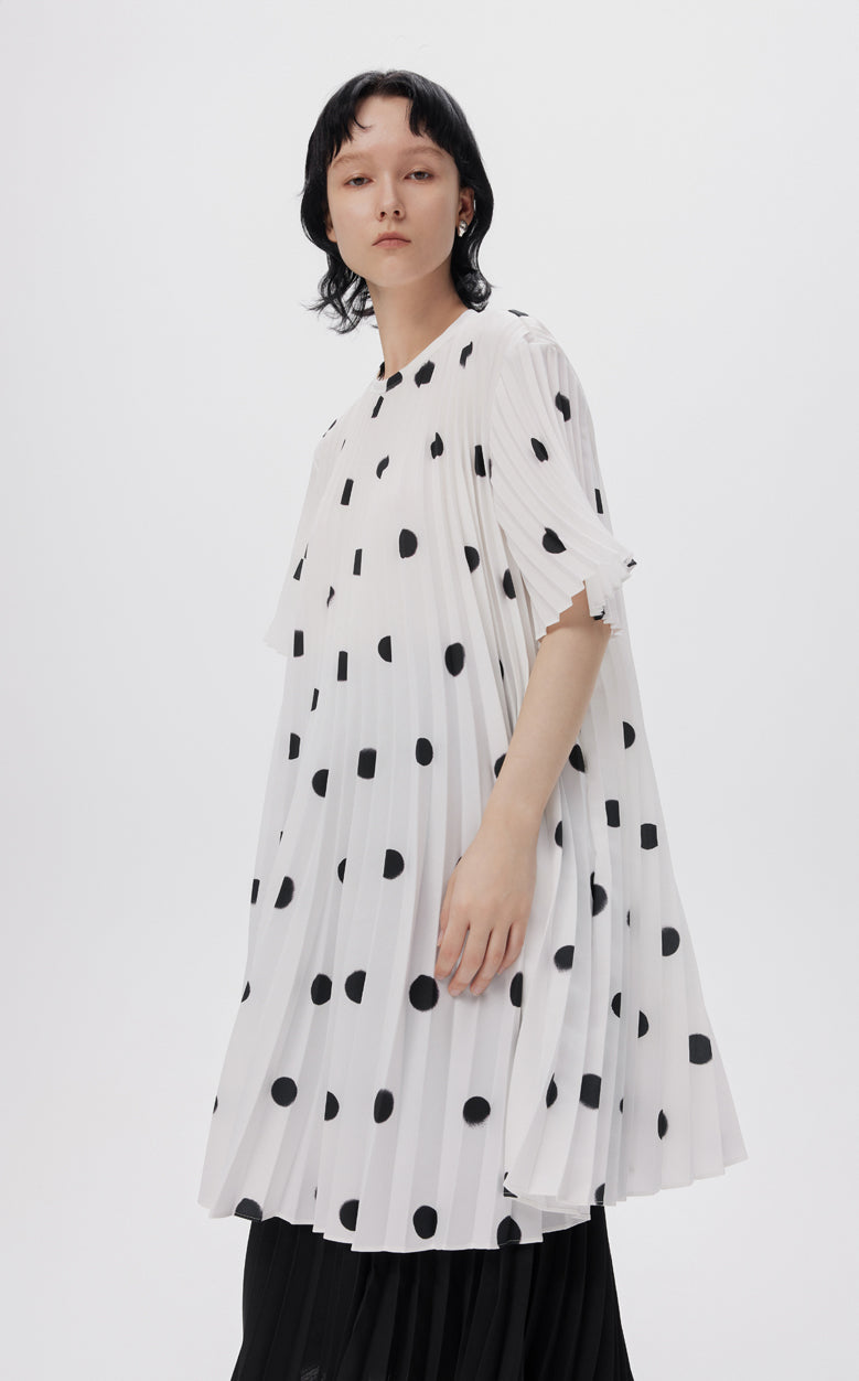 Dress / JNBY Vintage Polka Dot Print Pleated Round Neck Short Sleeve Dress