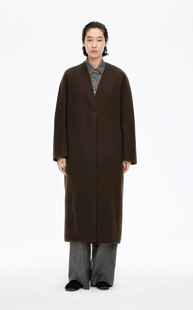 Coat / JNBY Collarless Longline Wool Double-Face Coat