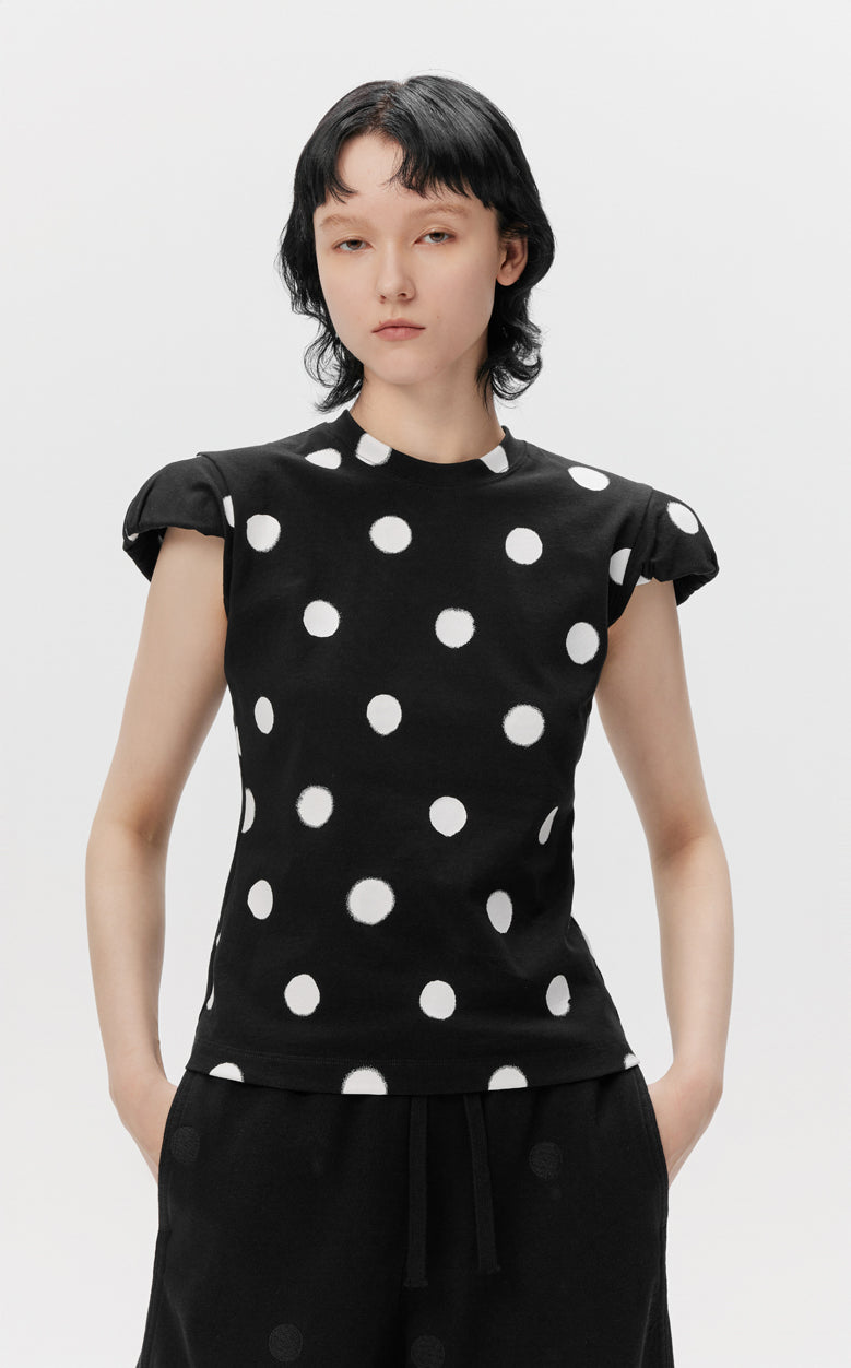 T-shirt / JNBY Polka Dot Slim Fit Round Neck Shoulder Pad Short Sleeve T-Shirt(100% cotton)