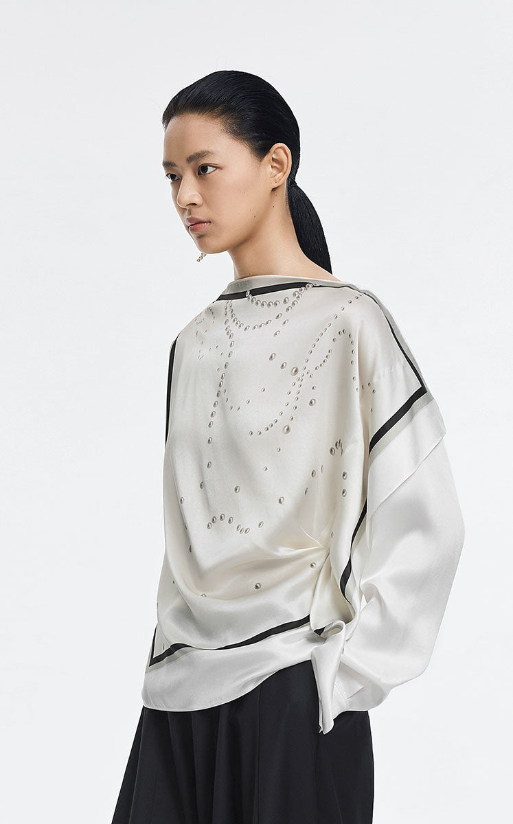 Blouse / JNBY Silk Boat Neck Pearl Print Top