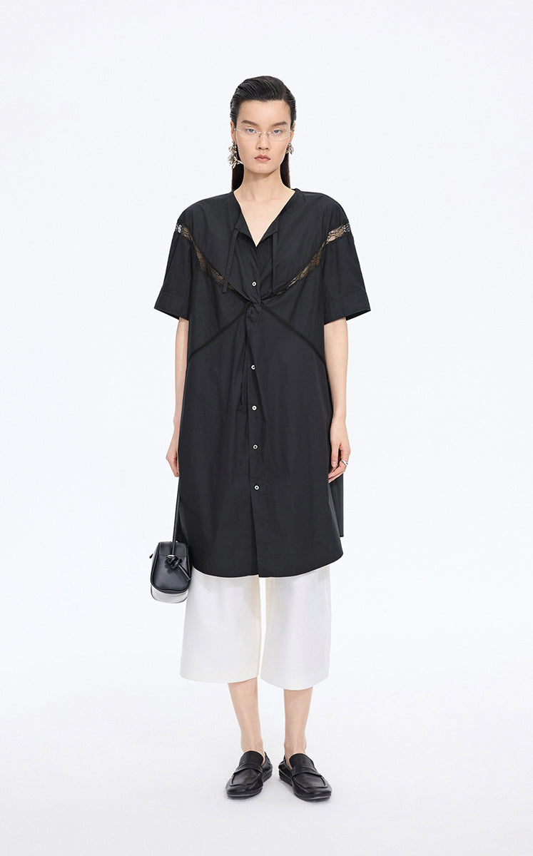 Dress / JNBY Lace Panel Twist V-Neck Dress