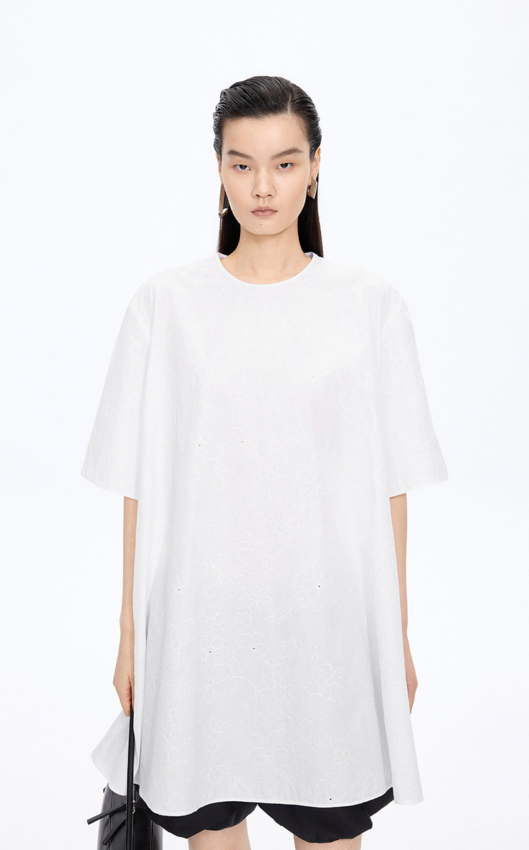 Dress / JNBY Floral Embroidered Cotton A-line Short Sleeve Dress