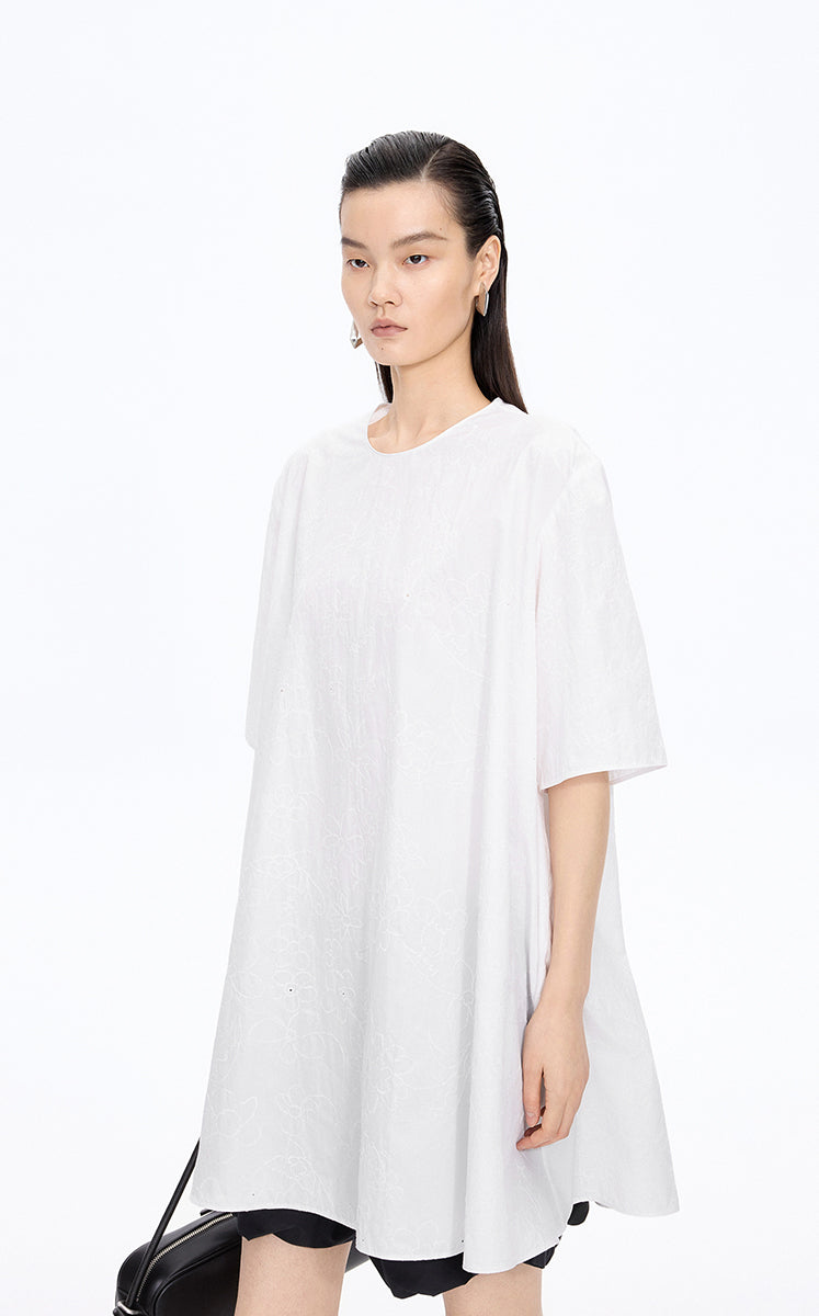 Dress / JNBY Floral Embroidered Cotton A-line Short Sleeve Dress