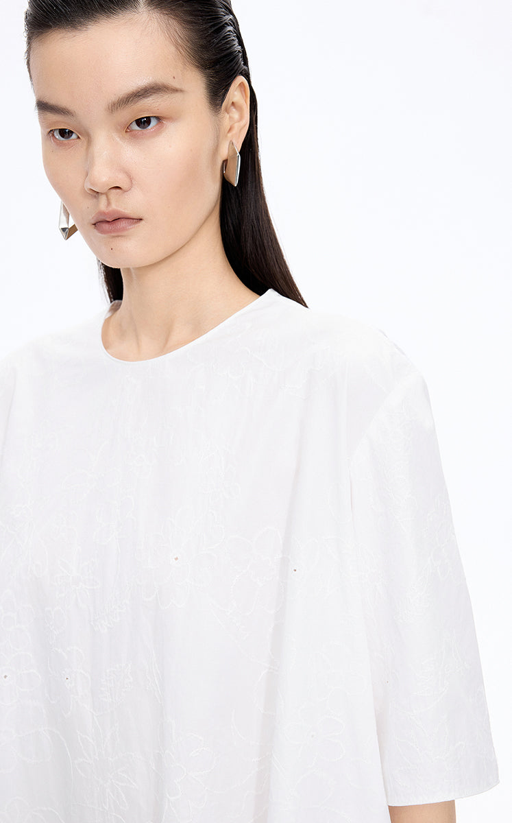 Dress / JNBY Floral Embroidered Cotton A-line Short Sleeve Dress