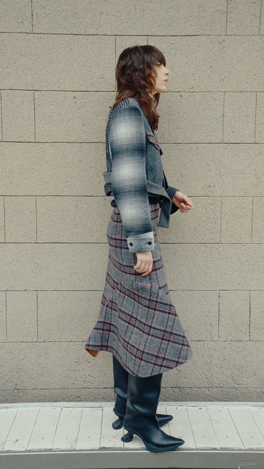 Skirt / JNBY Asymmetric Wool Skirt in Plaid Pattern