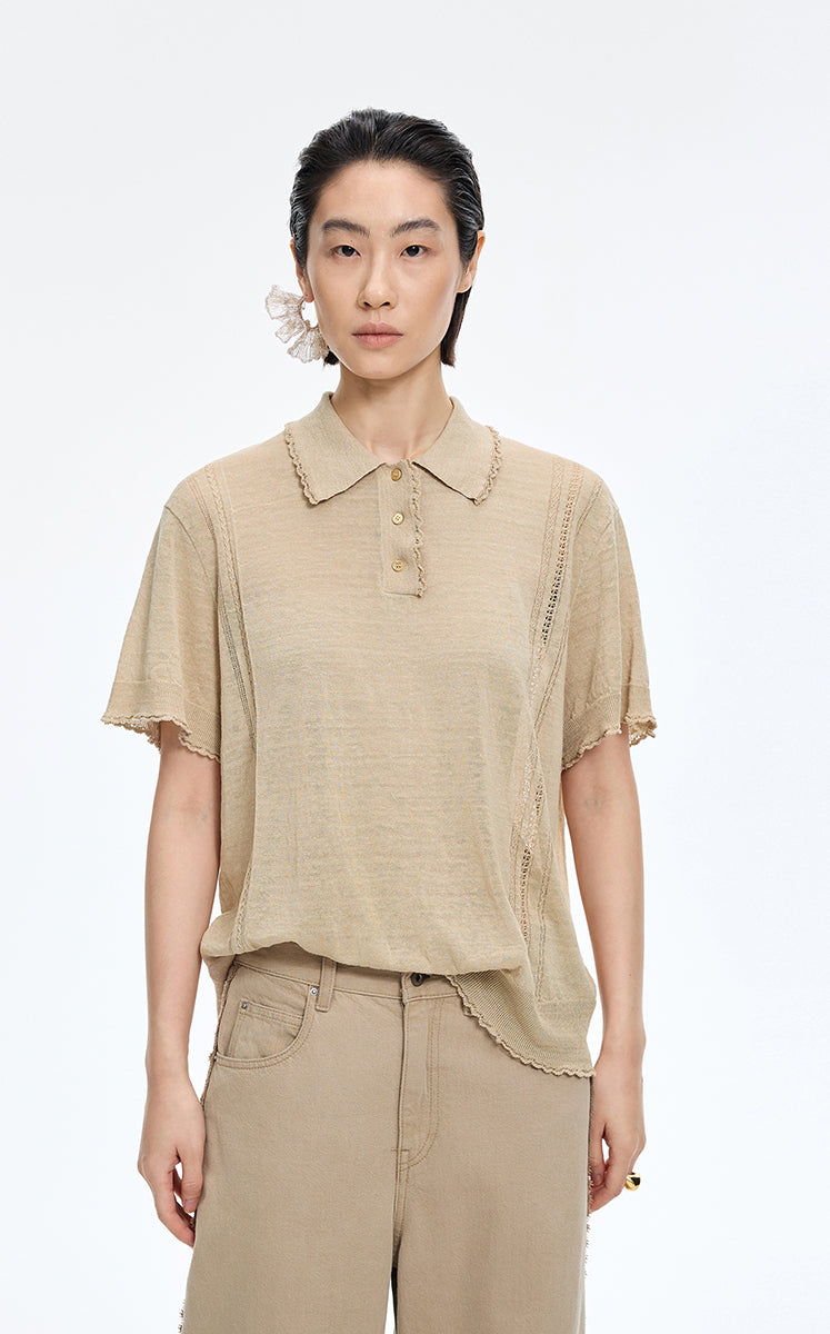 Knit Top / JNBY Linen Silk Polo Short Sleeve Sweater