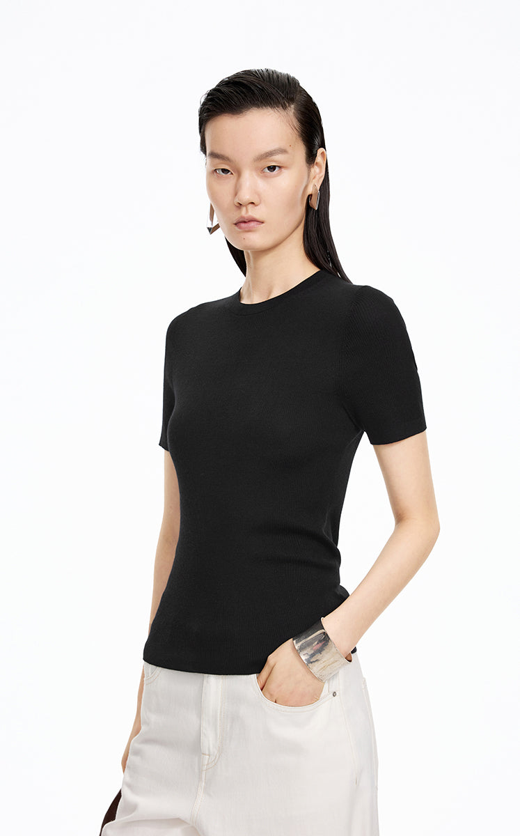 Knit Top / JNBY Silk Wool Cashmere Fitted Short Sleeve Sweater