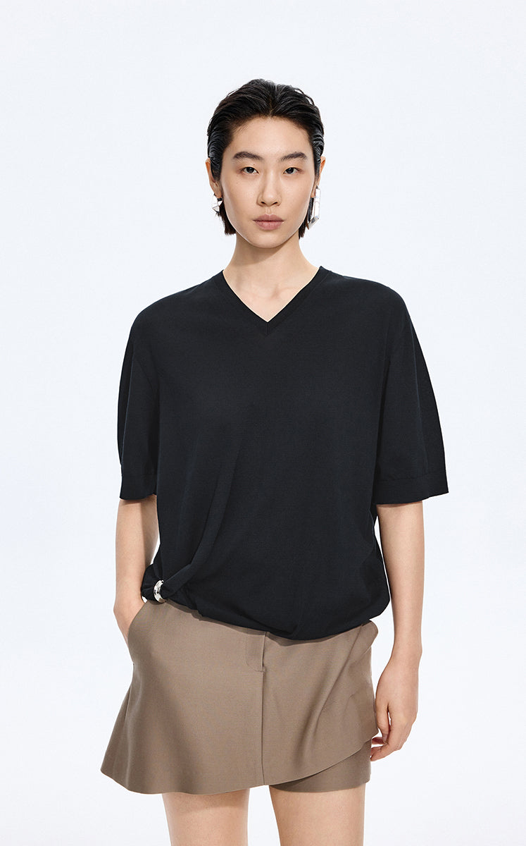 Knitwear / JNBY Cotton V-Neck Short Sleeve Knit Top