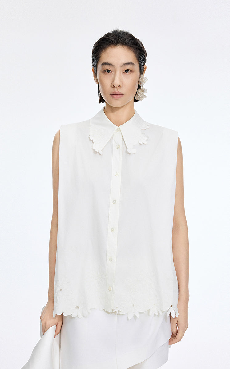 Shirt / JNBY Floral Cutwork Sleeveless Cotton Shirt
