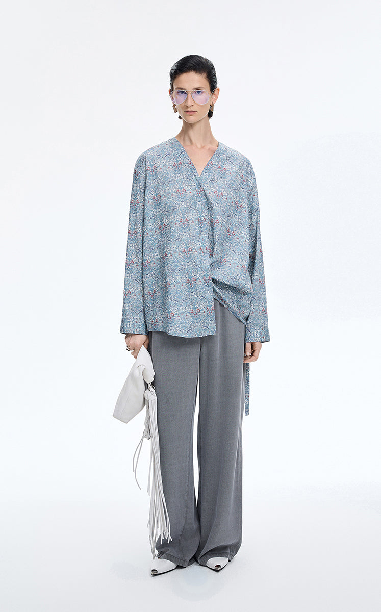 Shirt / JNBY V-neck Liberty Bird Print Cotton Shirt