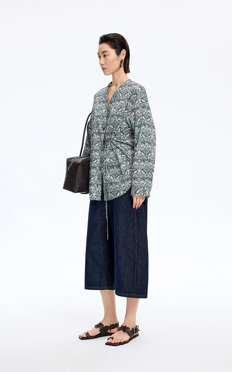 Shirt / JNBY V-neck Liberty Bird Print Cotton Shirt