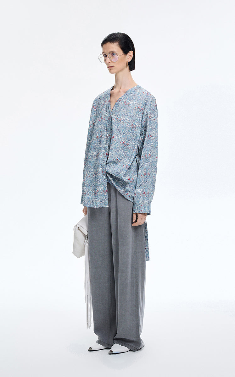 Shirt / JNBY V-neck Liberty Bird Print Cotton Shirt