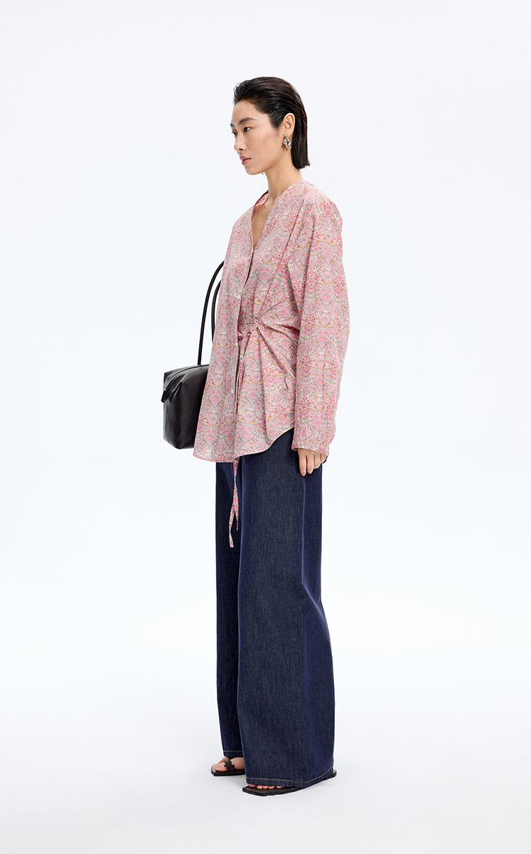 Shirt / JNBY V-neck Liberty Bird Print Cotton Shirt