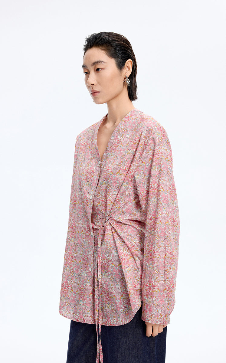 Shirt / JNBY V-neck Liberty Bird Print Cotton Shirt