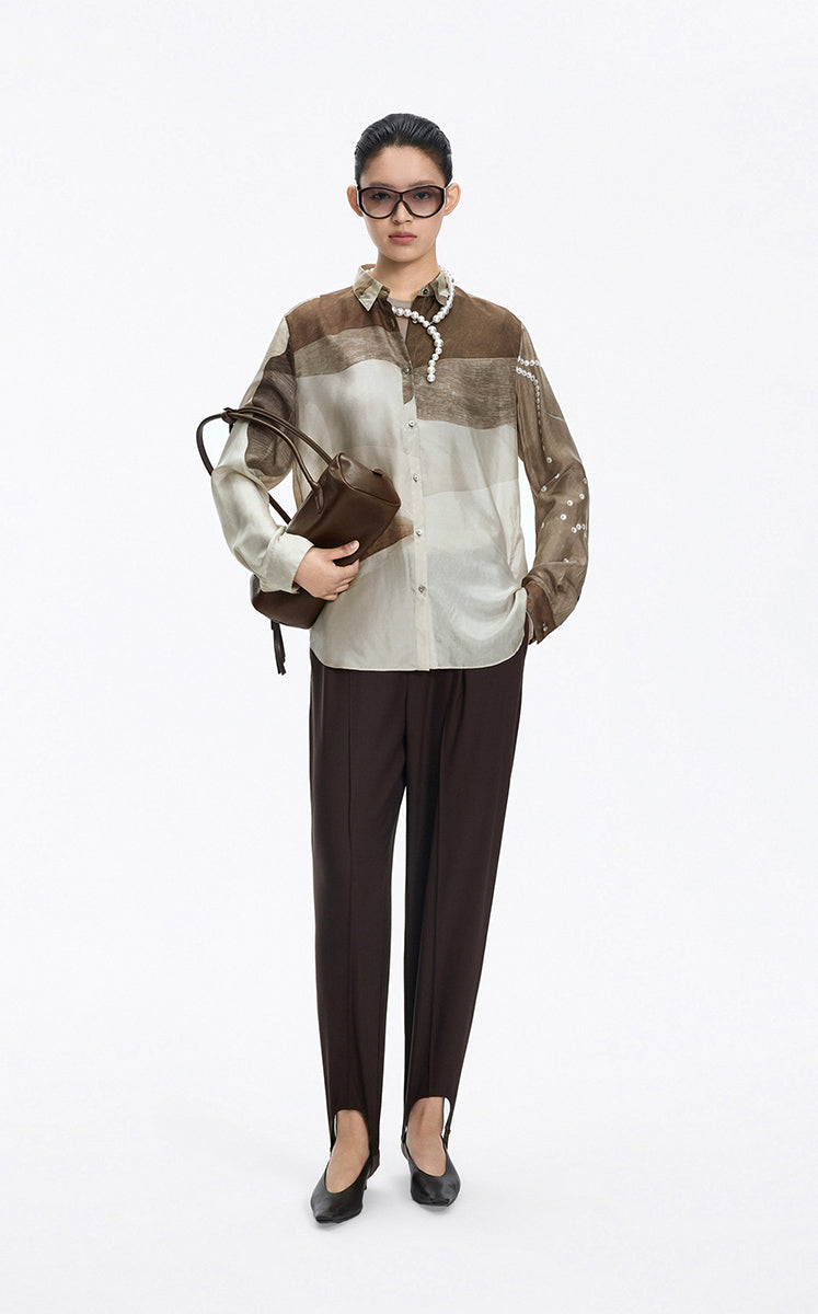 Shirt / JNBY Silk Pearl Print Relaxed Long Sleeve Shirt