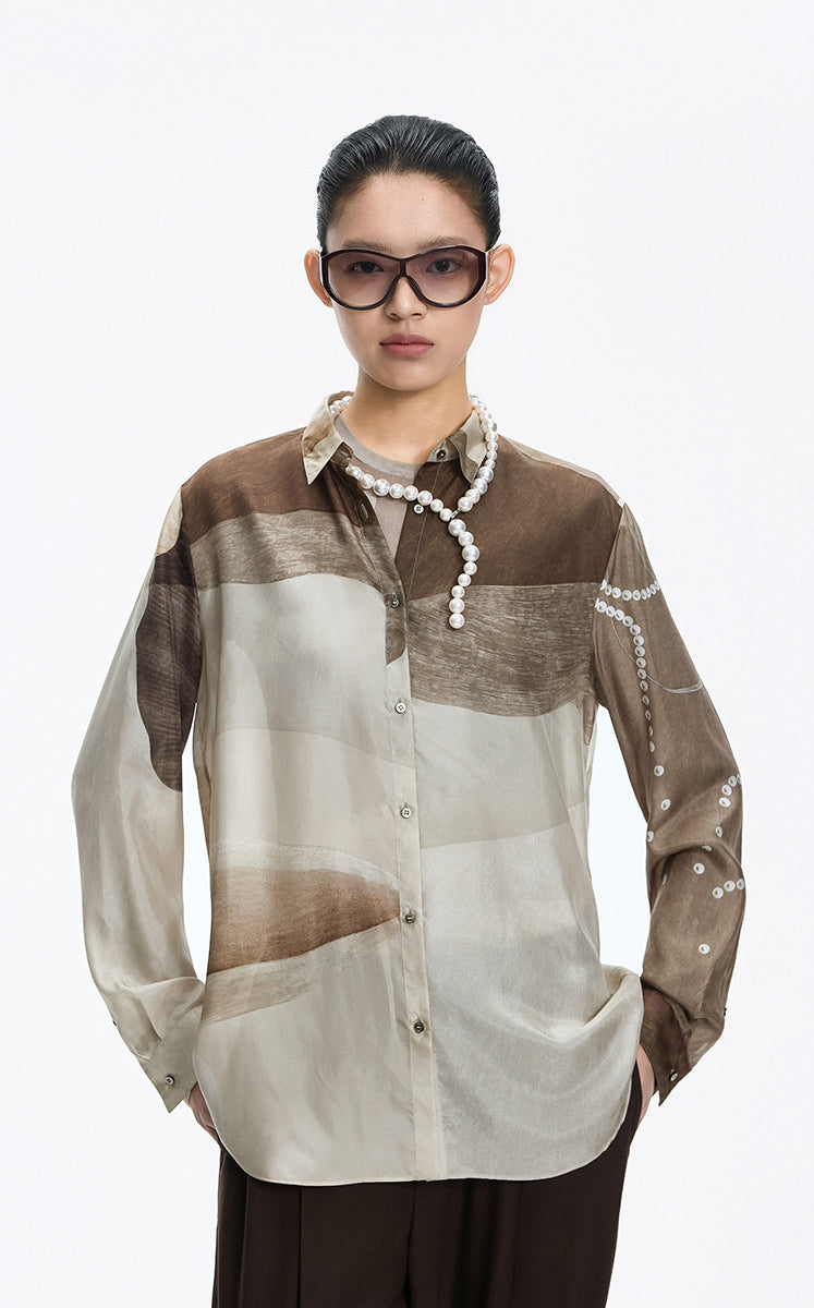 Shirt / JNBY Silk Pearl Print Relaxed Long Sleeve Shirt