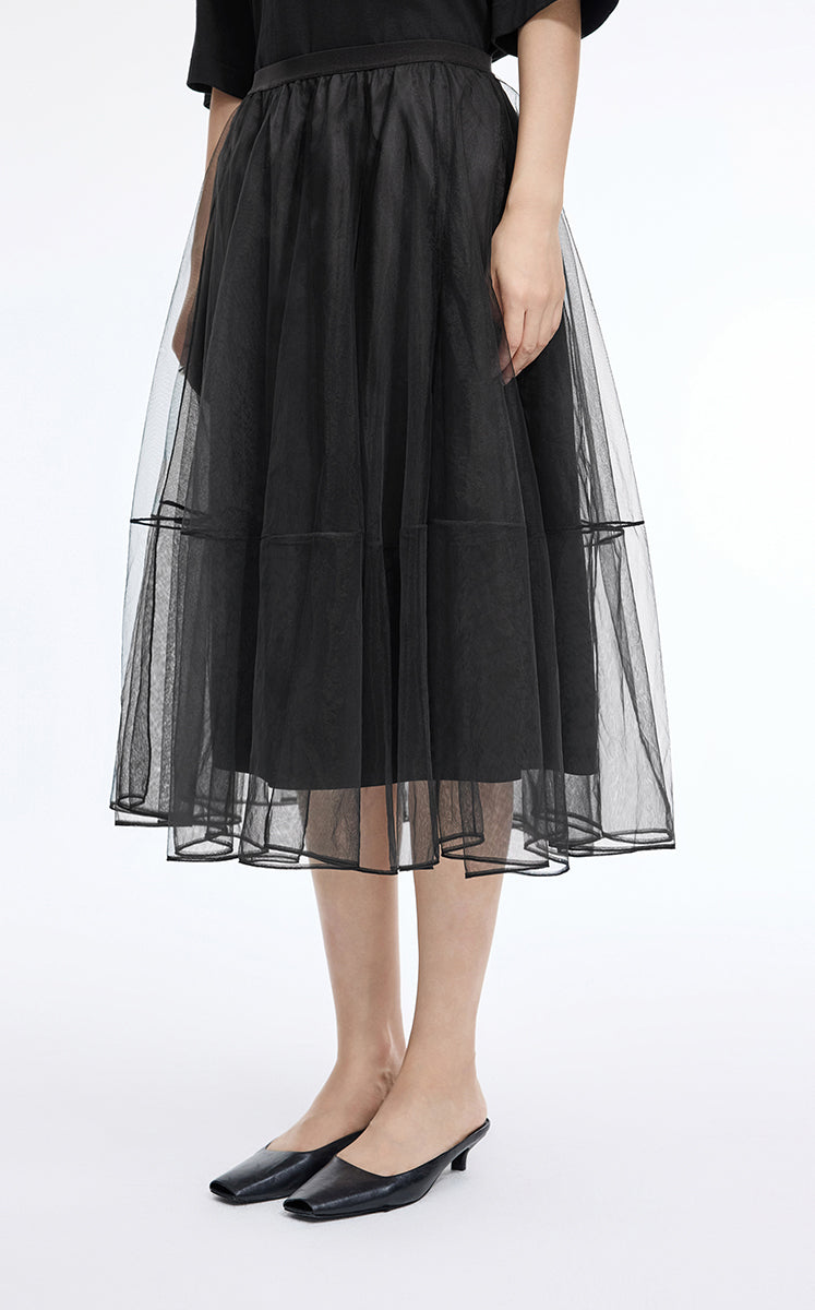 Skirt / JNBY Sheer A-Line Midi Tulle Skirt