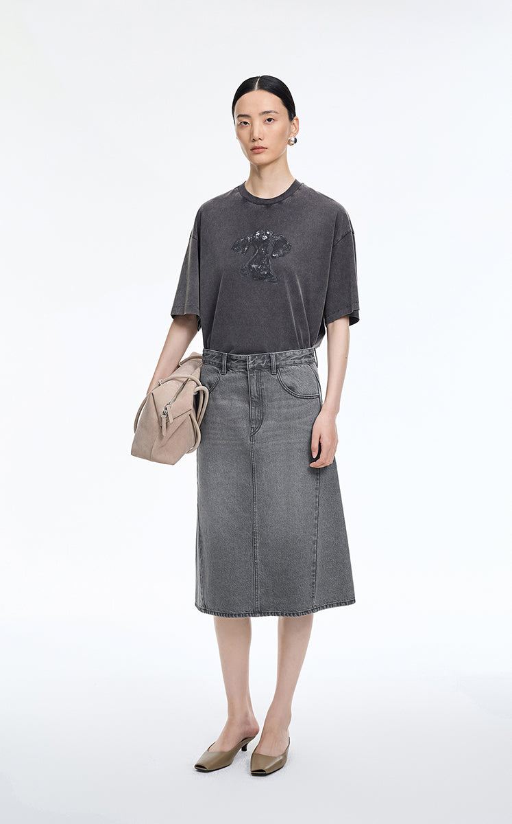 Skirt / JNBY Slight Stretch Mid-Length Denim Skirt
