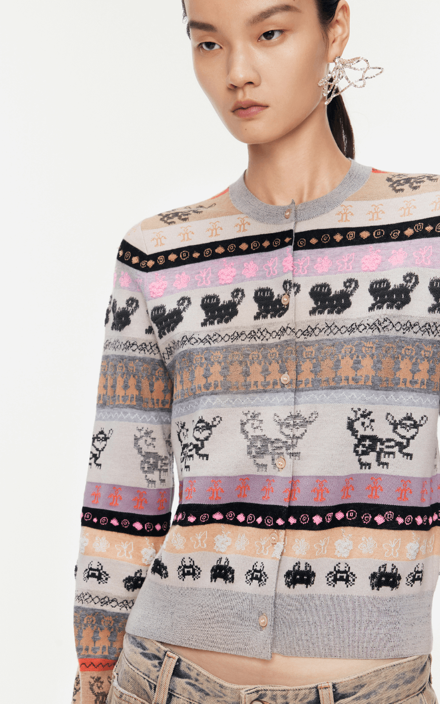 Sweater / JNBY Intarsia-Knitted Crew-Neck Cardigan