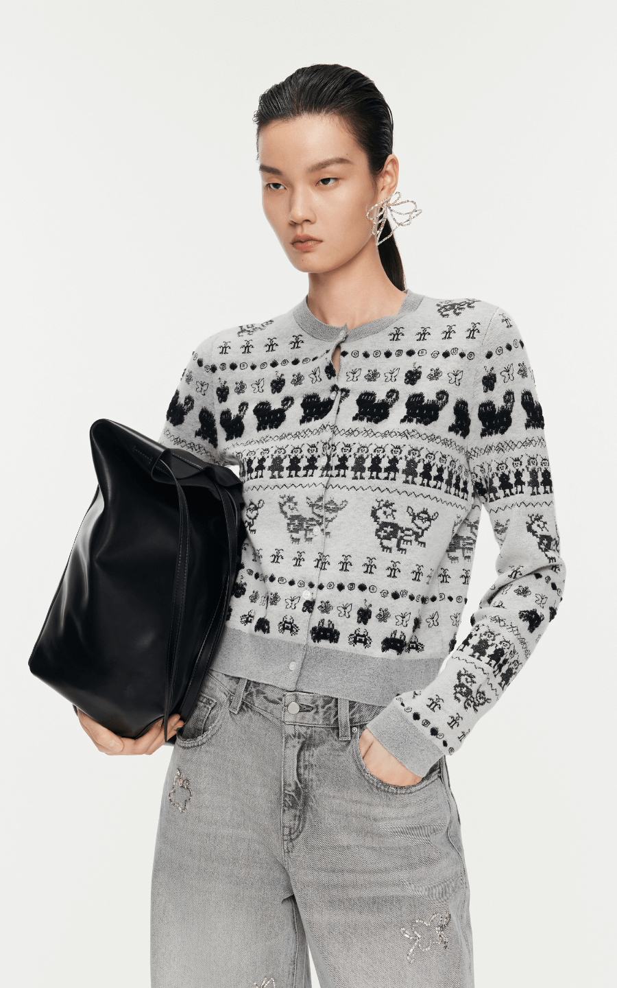 Sweater / JNBY Intarsia-Knitted Crew-Neck Cardigan