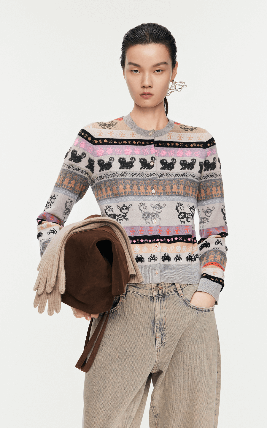 Sweater / JNBY Intarsia-Knitted Crew-Neck Cardigan