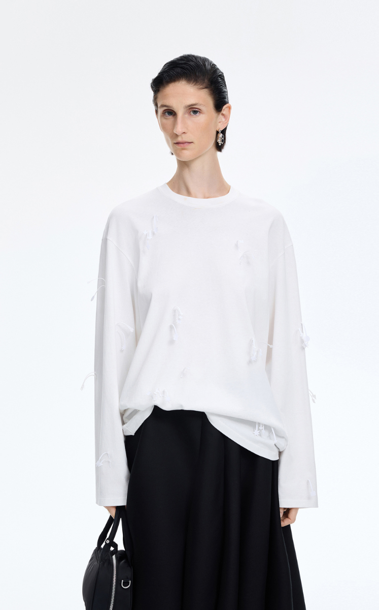 T-Shirt / JNBY 3D Floral Fringe Cotton Long Sleeve Tee