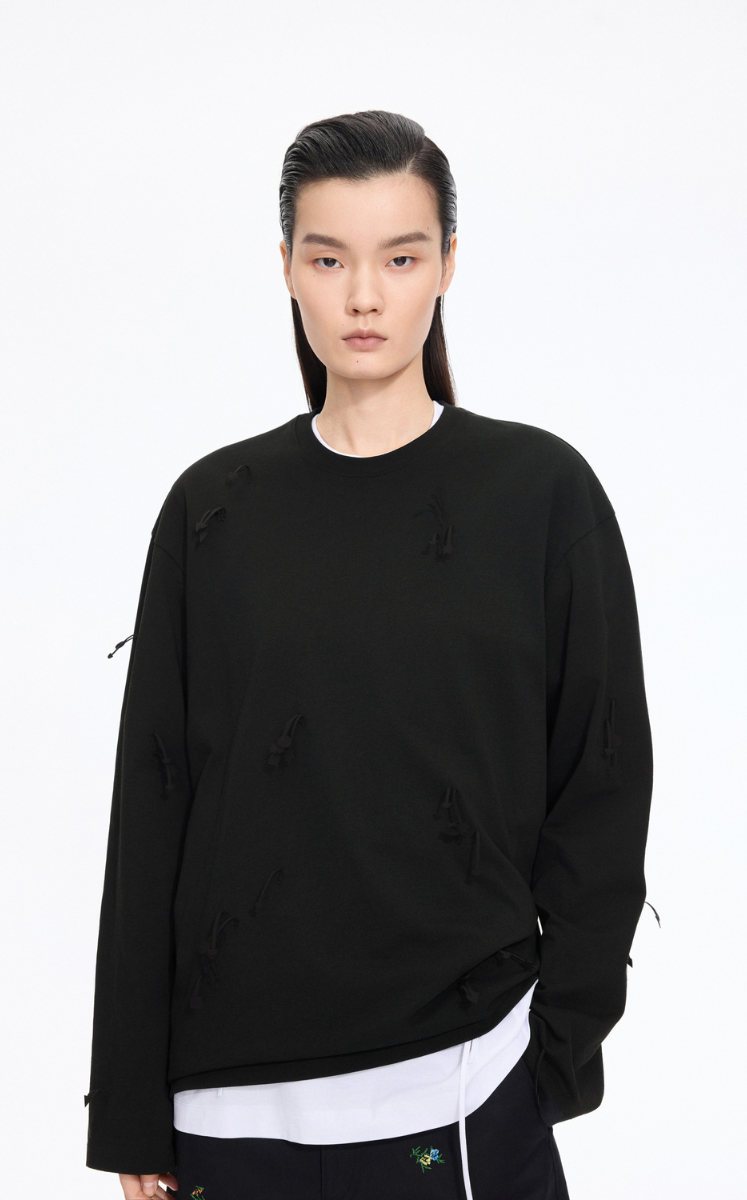 T-Shirt / JNBY 3D Floral Fringe Cotton Long Sleeve Tee