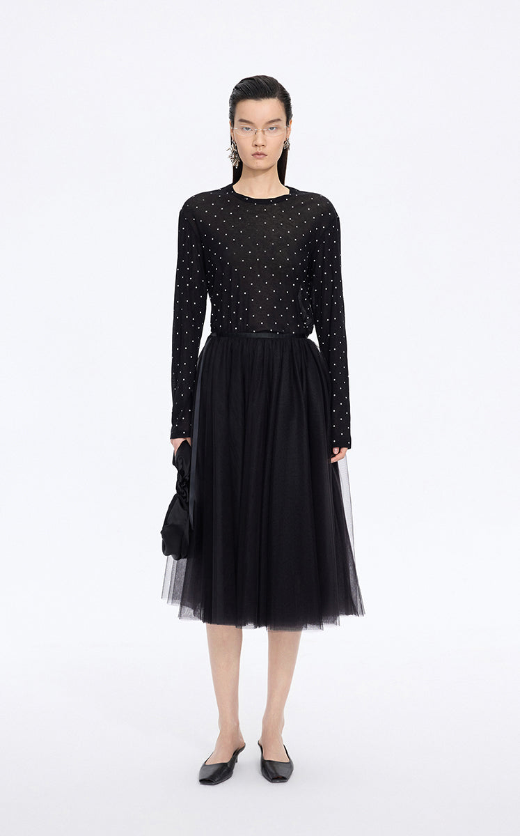 T-Shirt / JNBY Cotton Long Sleeve Relaxed T-Shirt Black & White Polka Dot