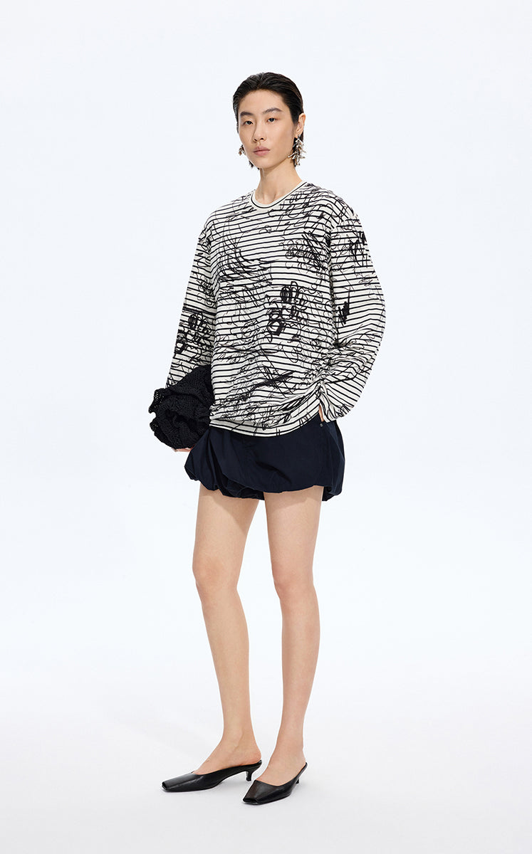 T-Shirt / JNBY Hand-Drawn Floral Cotton Long Sleeve T-Shirt