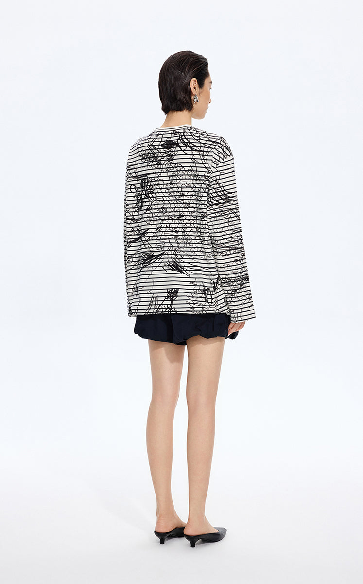T-Shirt / JNBY Hand-Drawn Floral Cotton Long Sleeve T-Shirt