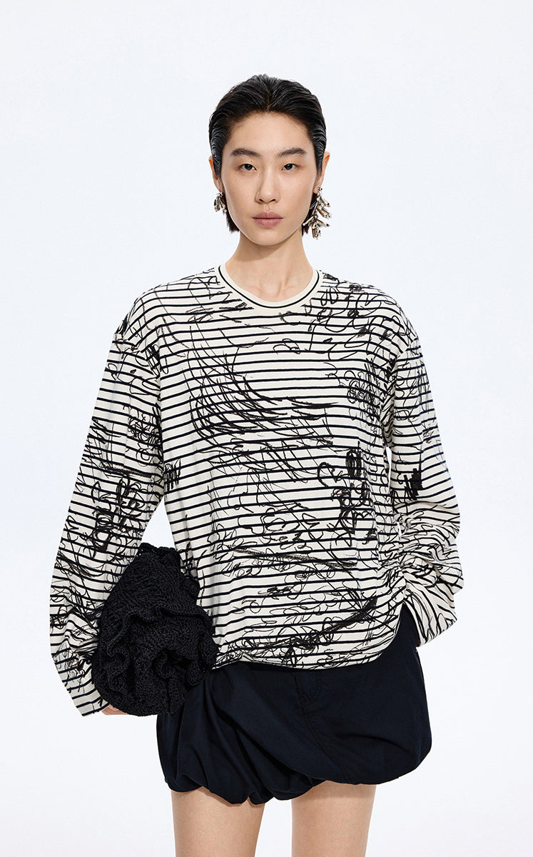 T-Shirt / JNBY Hand-Drawn Floral Cotton Long Sleeve T-Shirt