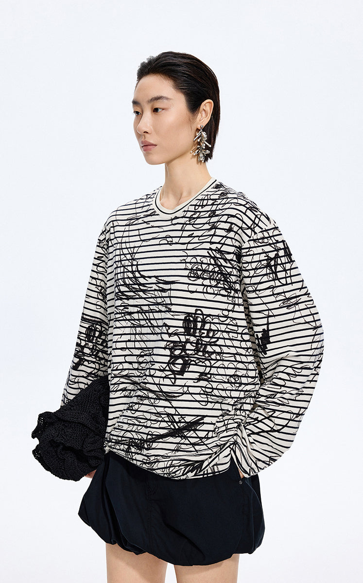T-Shirt / JNBY Hand-Drawn Floral Cotton Long Sleeve T-Shirt