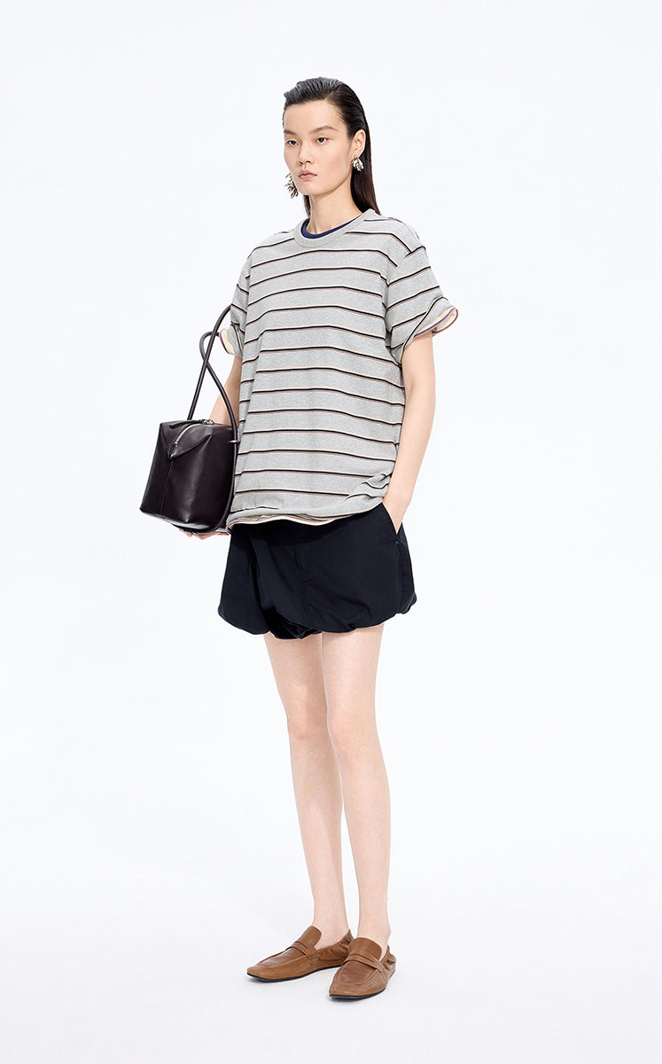 T-Shirt / JNBY Striped Sculptural Hem Cotton T-Shirt