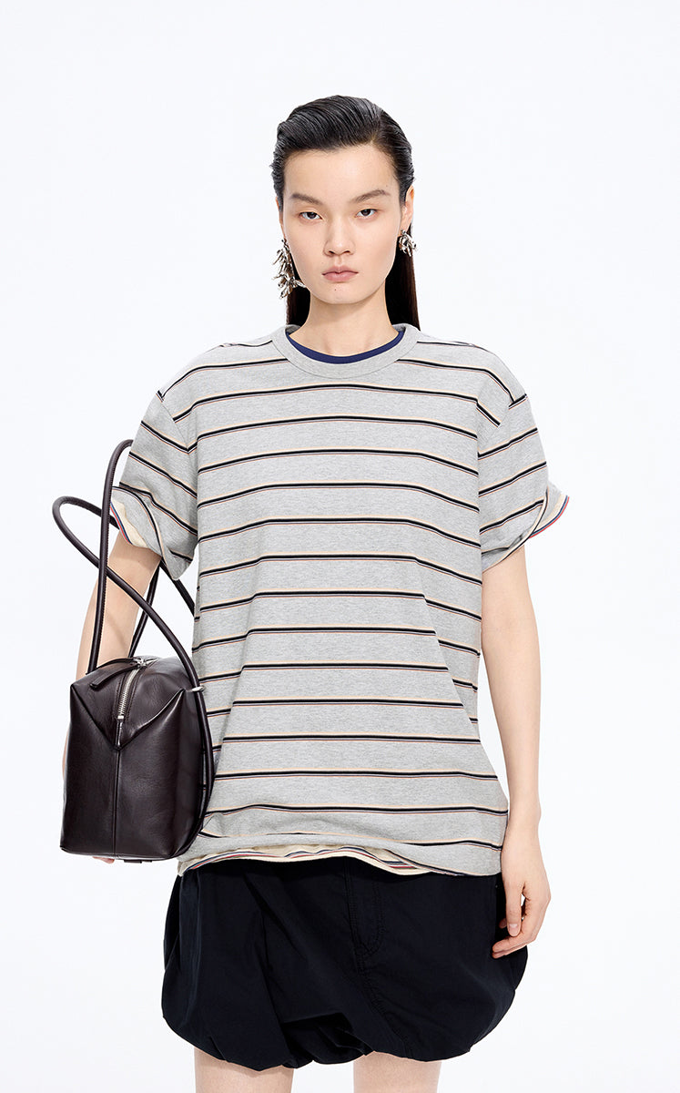 T-Shirt / JNBY Striped Sculptural Hem Cotton T-Shirt