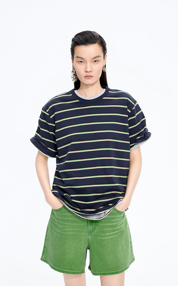 T-Shirt / JNBY Striped Sculptural Hem Cotton T-Shirt