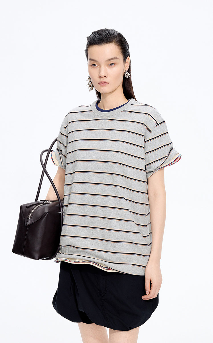 T-Shirt / JNBY Striped Sculptural Hem Cotton T-Shirt