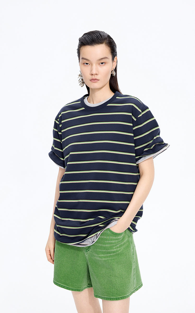 T-Shirt / JNBY Striped Sculptural Hem Cotton T-Shirt