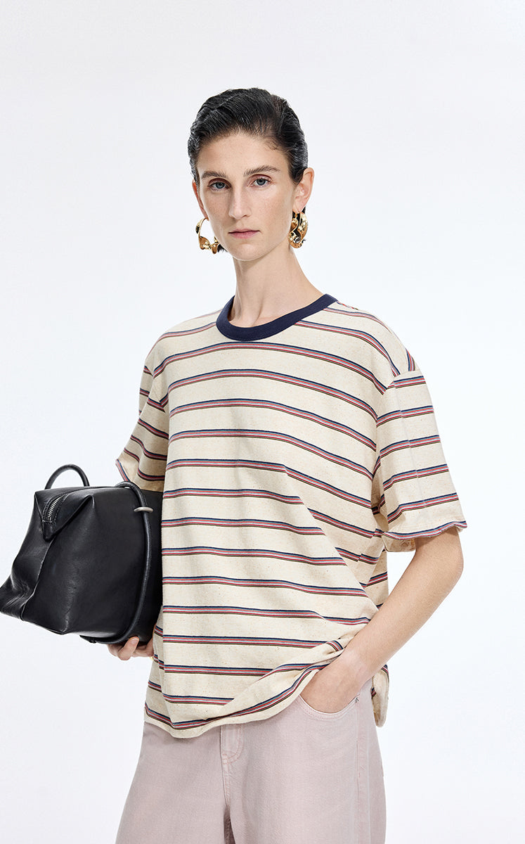 T-Shirt / JNBY Striped Sculptural Hem Cotton T-Shirt