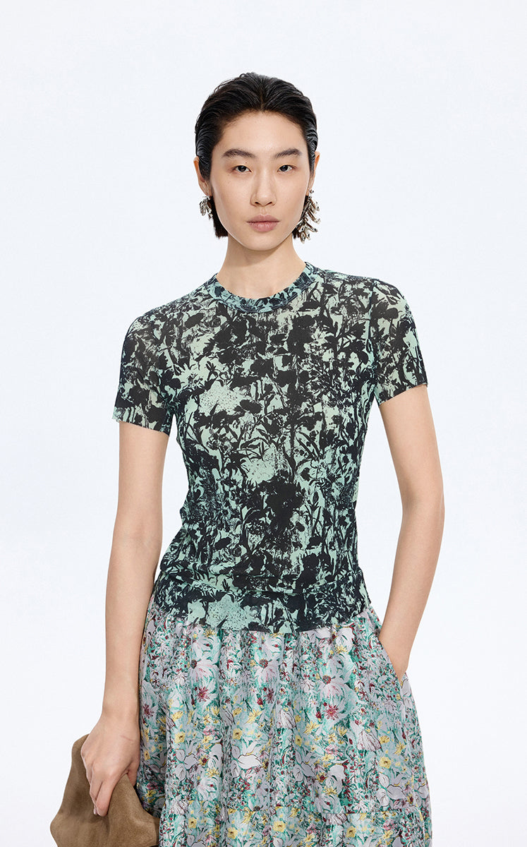 T-Shirt / JNBY Watercolor Floral Mesh T-Shirt