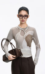 T-Shirt / JNBY Abstract Print Stretch Mesh Slim Fit Top