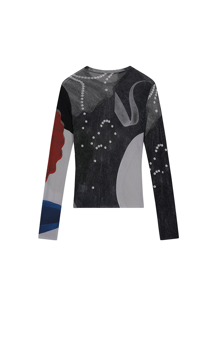 T-Shirt / JNBY Abstract Print Stretch Mesh Slim Fit Top