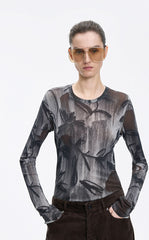 T-Shirt / JNBY Mesh Rose Print Slim Fit Long Sleeve Top