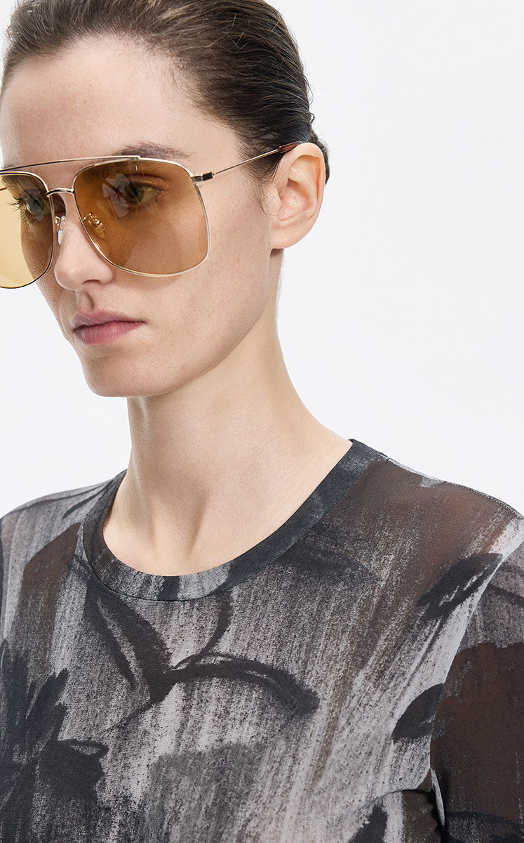 T-Shirt / JNBY Mesh Rose Print Slim Fit Long Sleeve Top