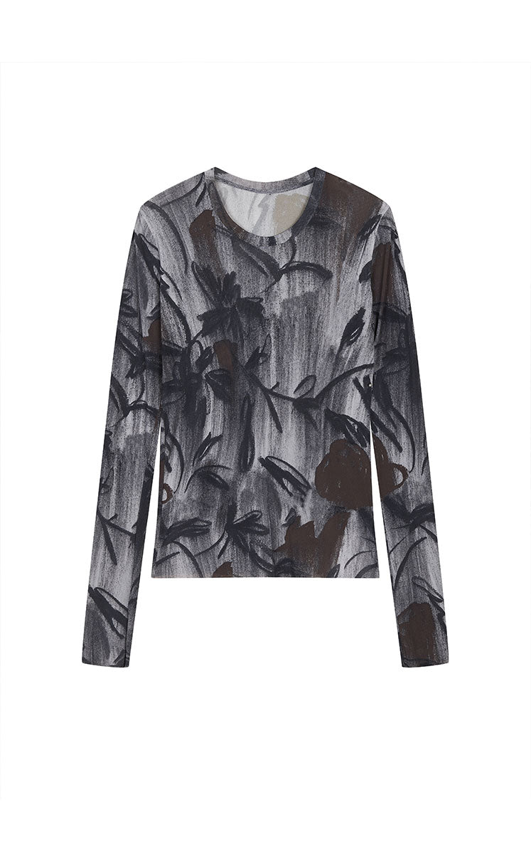T-Shirt / JNBY Mesh Rose Print Slim Fit Long Sleeve Top