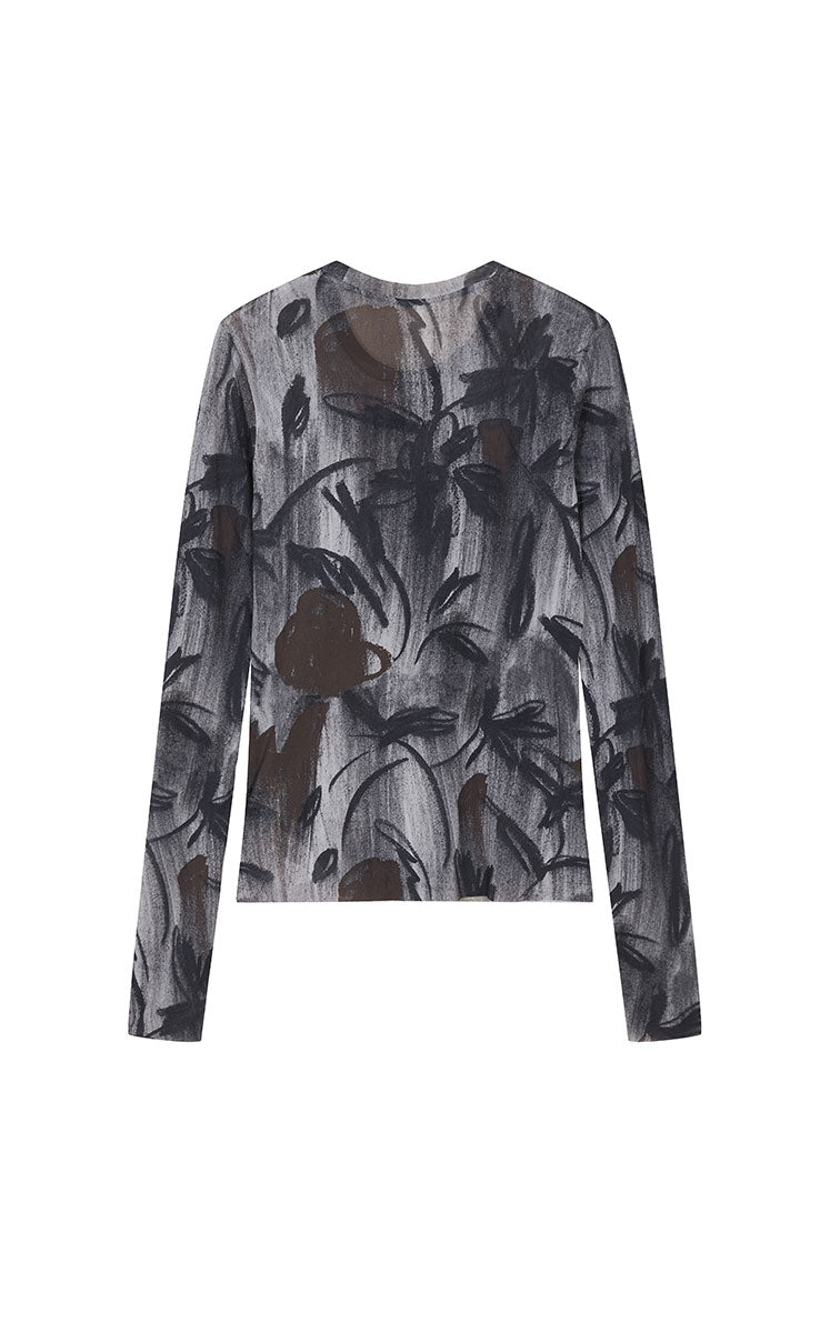 T-Shirt / JNBY Mesh Rose Print Slim Fit Long Sleeve Top